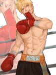  1boy abs absurdres adjusting_clothes adjusting_gloves biting bleerghw blonde_hair blue_eyes boxing_gloves boxing_ring boxing_shorts commentary cowboy_shot english_commentary facial_mark gloves head_tilt highres male_focus naruto_(series) naruto_shippuuden navel pectorals shorts signature smile solo toned toned_male topless_male uzumaki_naruto whisker_markings zoom_layer 
