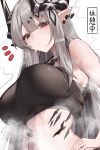  1girl absurdres arknights bare_shoulders black_horns black_sports_bra blush breasts chest_sarashi closed_mouth commentary crop_top grey_hair hair_between_eyes hand_on_own_hip highres horns large_breasts long_hair material_growth mudrock_(arknights) mudrock_(elite_ii)_(arknights) notice_lines oripathy_lesion_(arknights) pointy_ears red_eyes sarashi simple_background sleeveless solo sports_bra steaming_body sweat upper_body white_background worimiru 