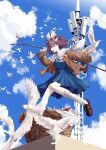  1girl :d absurdres bird bird_on_hand blue_eyes blue_skirt blue_sky blue_vest bow brown_hair brown_shoes chinese_commentary cloud commentary_request flutterpage from_side full_body hair_bow hand_up highres holding holding_staff kneehighs ku_yama_shu laundry_basket medium_skirt origami over_shoulder paper_crane reverse:1999 shoes short_hair skirt sky smile socks solo staff vest white_bird white_bow white_socks 