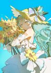  1girl back_bow bare_shoulders blue_background blue_bow blue_nails blue_sky bouquet bow closed_mouth colored_eyelashes commentary detached_sleeves dress dress_bow eliza_yye eyelashes flower frilled_dress frills from_side hair_between_eyes hat hat_bow hat_ornament hatsune_miku highres holding holding_bouquet layered_dress long_hair looking_at_viewer looking_to_the_side magical_mirai_(vocaloid) magical_mirai_miku magical_mirai_miku_(2026) nail_polish number_tattoo plaid_bow plaid_ribbon ribbon see-through_clothes see-through_sleeves shade shoulder_tattoo simple_background sky smile solo straw_hat sun_hat sunflower sunlight tattoo twintails very_long_hair vocaloid white_bow white_dress yellow_eyes yellow_flower yellow_hat 
