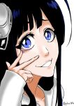  1boy :d akanbe awehu black_hair bleach bleach:_sennen_kessen-hen blue_eyes blunt_bangs commentary_request dress eyelashes eyelid_pull giselle_gewelle grin hair_over_shoulder hand_up hat highres long_hair looking_at_viewer male_focus mini_hat nose peaked_cap portrait sidelocks simple_background sleeves_past_wrists smile solo tareme tongue tongue_out trap twitter_username w white_background white_dress white_hat 