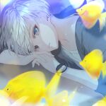  1boy blue_eyes blurry closed_mouth commentary_request depth_of_field earrings fish gin_(oyoyo) grey_eyes grey_hair head_rest jacket jewelry klasse14 looking_at_viewer lying male_focus on_side original shirt short_hair solo tropical_fish upper_body watch white_hair white_shirt wristwatch 