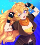  1girl :d ;d ahoge arms_up bandana bandana_around_neck bandeau belt black_gloves blonde_hair blue_background blush breasts brown_belt brown_jacket cleavage clip_studio_paint_(medium) commentary deviantart_username double_v english_commentary eyelashes fingerless_gloves gloves hair_between_eyes happy highres jacket large_breasts long_hair navel one_eye_closed open_mouth orange_bandana patreon_username purple_eyes rwby schrwby short_sleeves smile solo teeth twitter_username upper_teeth_only v yang_xiao_long yellow_bandeau 