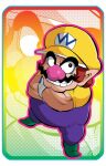  1boy bad_id black_eyes boots brown_hair facial_hair full_body green_boots grin hat kawamoto_yuutarou large_nose looking_at_viewer male_focus mario_(series) mustache newsboy_cap overalls purple_overalls shirt short_hair smile solo standing wario yellow_hat yellow_shirt 