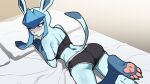  1girl animal_feet animal_nose armpit_crease ass back bare_shoulders black_shorts blue_eyes blue_fur blue_hair blue_sclera blush breasts clothed_pokemon colored_sclera commentary_request crop_top furry furry_female glaceon hakkimanime highres indoors korean_commentary long_hair looking_at_viewer lying median_furrow no_humans on_bed on_stomach pawpads pokemon pokemon_(creature) pokemon_focus short_shorts shorts shoulder_blades sidelocks snout solo strap_slip sweat tail thighs two-tone_fur underbutt 