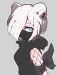 1girl animal_ear_piercing animal_ears arknights black_shirt blue_eyes breasts commentary eee028 fishnet_sleeves fishnets hair_over_one_eye highres hood hood_down hooded_shirt looking_at_viewer mask medium_breasts medium_hair mouth_mask parted_bangs shirayuki_(arknights) shirt solo weasel_ears weasel_girl white_background white_hair 