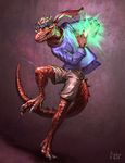  anthro claws clothing eyewear goggles kobold koviell magic male pants plain_background red_theme reptile ribbons scalie signature smirk solo spell spines tumorhead yellow_eyes 