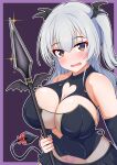  1girl absurdres bare_shoulders black_bustier black_skirt blue_eyes blush bow breasts bustier cleavage cleavage_cutout clothing_cutout commentary_request demon_girl demon_tail detached_sleeves does_the_public_morals_committee_girl_dream_of_a_succubus? embarrassed full_cleavage gradient_eyes hair_between_eyes head_wings heart_cutout highres himeno_iroha holding holding_polearm holding_weapon kyukkyu large_breasts long_hair looking_at_viewer microskirt multicolored_eyes open_mouth pleated_skirt polearm pubic_tattoo purple_background red_bow see-through_cleavage see-through_clothes sidelocks skirt solo tail tail_bow tail_ornament tattoo two-tone_background two_side_up upper_body wavy_mouth weapon white_hair wings yellow_eyes 