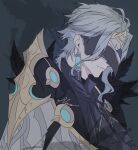  1boy artist_name ascot black_feathers blue_ascot closed_mouth coat commentary dottore_(genshin_impact) eye_mask feathers fur-trimmed_coat fur_trim genshin_impact grey_background grey_hair highres male_focus mask nero_(gyang_10) short_hair smile solo syringe_earrings upper_body white_coat 