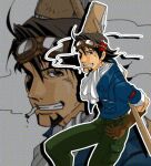  1boy beard black_hair blue_jacket brown_eyes brown_gloves cid_highwind cid_highwind_(cosplay) cigarette commentary_request cosplay facial_hair feet_out_of_frame final_fantasy final_fantasy_vii gloves goggles goggles_on_head green_pants grey_background grin holding holding_mop jacket kaburagi_t._kotetsu kawamoto_yuutarou looking_at_viewer male_focus mop pants scarf short_hair smile smoking solo tiger_&amp;_bunny white_scarf zoom_layer 