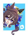  1girl airi_(akamichiaika) animal_ears beret blue_bow blue_one-piece_swimsuit blue_ribbon blush bow brown_hair chibi commentary_request ear_covers hair_between_eyes hat hat_belt heart horse_ears horse_girl long_hair looking_at_viewer mole mole_under_eye multicolored_hair one-piece_swimsuit open_mouth ribbon sailor_collar shirt single_ear_cover smile solo spoken_heart streaked_hair swimsuit twintails umamusume vivlos_(umamusume) vivlos_(voyage_etincelant)_(umamusume) white_hat white_sailor_collar white_shirt 