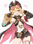  1girl animal_ear_headwear bandana_around_arm beanie black_hat black_shorts blonde_hair blush braid braided_hair_rings breasts double_v eyewear_on_head genshin_impact gloves goggles goggles_on_head hair_rings hands_up hat highres jahoda_(genshin_impact) looking_at_viewer nallcia one_eye_closed open_mouth pink-tinted_eyewear shorts single_thighhigh solo standing star-shaped_pupils star_(symbol) symbol-shaped_pupils thighhighs thighs tinted_eyewear torn_clothes torn_thighhighs v v_over_eye x_hat_ornament yellow_eyes 