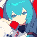  1girl absurdres alternate_hairstyle antique_phone aqua_eyes aqua_hair black_shirt chiiwan commentary double-parted_bangs hair_between_eyes hair_tie hat hatsune_miku highres holding holding_phone jacket low_twintails phone portrait red_background shirt simple_background solo twintails vocaloid white_hat white_jacket wonder_(vocaloid) 