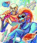  1boy 1girl blue_skin blush_stickers bone colored_sclera colored_skin colored_teeth commentary cup english_commentary eyepatch eyeshadow fish fish_girl food highres holding holding_bone holding_plate holding_polearm holding_weapon makeup mug papyrus_(undertale) parakodraws pasta plate polearm ponytail red_eyeshadow red_hair red_scarf scarf sharp_teeth skeleton smile spear teeth undertale undyne utdr_(toby_fox) weapon yellow_sclera yellow_teeth 
