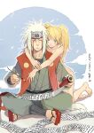  1boy 1girl blonde_hair blue_eyes breasts calligraphy_brush clothed_male_nude_female commentary_request facial_mark genderswap genderswap_(mtf) geta highres holding holding_calligraphy_brush holding_paintbrush holding_scroll hug hug_from_behind indian_style japanese_clothes jiraiya_(naruto) kneeling linjie medium_breasts medium_hair naruko_(naruto) naruto_(classic) naruto_(series) nude one_eye_closed paintbrush red_vest scroll sitting twintails vest whisker_markings white_hair 