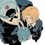  2boys 3bivl ahoge alphonse_elric black_bow black_bowtie black_jacket black_necktie blonde_hair bow bowtie brothers curtained_hair edward_elric from_above fullmetal_alchemist hand_on_another's_shoulder helmet highres holding holding_unworn_helmet jacket living_armor male_focus multiple_boys necktie siblings simple_background standing suit_jacket traditional_bowtie unworn_headwear unworn_helmet white_background wingtip_collar yellow_eyes 