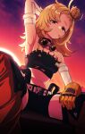  1girl absurdres arm_behind_head arm_up armpits black_shorts black_tube_top blonde_hair breasts closed_mouth commentary_request crop_top detached_pants detached_sleeves from_below gloves goggles goggles_around_neck green_eyes hair_bun highres kaiju_ryoku long_hair looking_at_viewer midriff navel outdoors piper_wheel presenting_own_armpit shorts sitting small_breasts solo spiked_shirt strapless sun sunrise tube_top yellow_gloves zenless_zone_zero 