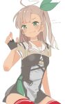  1girl ahoge black_gloves black_skirt blunt_bangs brown_hair brown_shirt choker commentary_request corset dark-skinned_female dark_skin fingerless_gloves gloves green_eyes heart heart_ahoge highres kantai_collection kashi_(kancolle) mole mole_under_eye one-hour_drawing_challenge one_side_up red_thighhighs sailor_collar sailor_shirt satsuki_tooka shirt simple_background sitting skirt smile solo thighhighs white_background white_choker white_sailor_collar 