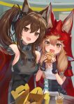  2girls akabane_hibame angelina_(arknights) animal_ear_fluff animal_ears arknights arknights:_endfield black_gloves blonde_hair boots bread brown_hair cape coat commentary_request dress ears_through_headwear fingerless_gloves fold-over_boots food fox_ears fox_girl gilberta_(arknights) gloves grey_dress high_collar highres holding holding_bread holding_food hood hood_up hooded_cape impossible_clothes impossible_dress long_hair looking_at_viewer multiple_girls off_shoulder open_clothes open_coat open_mouth orange_eyes red_cape red_coat rossi_(arknights) short_dress squeans tail thighhighs twintails white_dress wolf_ears wolf_girl wolf_tail yellow_eyes 