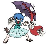  1girl blue_hair blue_skirt blue_vest brown_sandals closed_mouth commentary doing_taxes english_commentary fighting_stance full_body geta job_application_form_(meme) jomun juliet_sleeves karakasa_obake loan long_sleeves meme paper puffy_sleeves purple_umbrella sandals shirt short_hair simple_background skirt smile solo tatara_kogasa third-party_source tongue tongue_out touhou umbrella v-shaped_eyebrows vest white_background white_shirt 