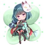  1girl aihara_tsubaki black_sandals black_scarf black_skirt blue_hair blue_kimono blush closed_mouth commentary_request commission fairy_wings fox_mask fringe_trim full_body green_wings grey_thighhighs highres japanese_clothes kimono long_sleeves looking_at_viewer mask mask_on_head megaphone off_shoulder ongeki pixiv_commission pleated_skirt purple_eyes red_scarf ribbon-trimmed_sleeves ribbon_trim rilu_rilu_fairilu sandals scarf skirt smile solo star_(symbol) thighhighs white_background wide_sleeves wings xenon_(for_achieve) zouri 