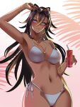  1girl adjusting_eyewear aoiabyss armpits bikini blonde_streaks blue_eyes breasts brown_hair can commentary_request cover_bikini_girl_(gta_vi)_(pose) dark-skinned_female dark_skin dehya_(genshin_impact) drink_can drinking_straw fingernails genshin_impact grand_theft_auto grand_theft_auto_vi hair_between_eyes hair_ears hand_up highres holding holding_can looking_at_viewer multicolored_hair nail_polish navel o-ring_bikini_bottom parted_lips pose_imitation red_nails side-tie_bikini_bottom solo spanish_commentary stomach streaked_hair swimsuit tinted_eyewear upper_body white_bikini 