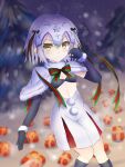  1girl ahoge black_bra black_gloves black_socks blurry blurry_background blush bra breasts capelet christmas_present closed_mouth commentary elbow_gloves fate/grand_order fate_(series) fur-trimmed_capelet fur_trim fur_wrist_cuffs gift gloves green_ribbon hair_ribbon hand_up headpiece high-waist_skirt jeanne_d'arc_alter_santa_lily_(fate) kneehighs light_frown medium_hair midriff miniskirt navel night outdoors pine_tree red_ribbon red_skirt ribbon skirt small_breasts socks solo tree two-tone_ribbon two-tone_skirt underwear v-shaped_eyebrows white_capelet white_fur white_hair white_skirt wrightia wrist_cuffs yellow_eyes 