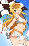  1girl :d ;d absurdres armband belt blonde_hair breasts checkered_flag clothes_writing commentary confetti cowboy_shot day fingerless_gloves flag gloves green_eyes highres holding holding_flag hoshii_miki idolmaster idolmaster_(classic) idolmaster_million_live! jeff_miga large_breasts long_hair looking_at_viewer microskirt navel official_alternate_costume one_eye_closed open_mouth orange_belt outdoors race_flag race_queen skirt smile solo standing thigh_strap v visor_cap white_gloves white_skirt 