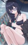  1girl absurdres bikini black_bikini black_hair black_robe blue_archive blush braid braid_over_shoulder breasts butterfly_hair_ornament collarbone commentary grey_eyes grey_halo hair_ornament halo highres kisaki_(blue_archive) kisaki_(swimsuit)_(blue_archive) lkovn956271 long_hair looking_at_viewer official_alternate_costume official_alternate_hairstyle oil-paper_umbrella outdoors purple-tinted_eyewear robe side_braid single_off_shoulder small_breasts smile solo sunglasses swimsuit tinted_eyewear umbrella very_long_hair 
