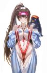  1girl absurdres animal_costume animal_on_shoulder bare_shoulders bird bird_costume bird_on_shoulder blush breasts brown_eyes brown_hair cleavage closed_mouth collarbone commentary covering_nipples covering_privates goddess_of_victory:_nikke hair_ornament highres large_breasts lifeguard long_hair looking_at_viewer marciana_(marine_study)_(nikke) marciana_(nikke) navel navel_piercing necklace_between_breasts o-ring_slingshot_swimsuit official_alternate_costume open_onesie penguin penguin_costume penguin_earrings penguin_hair_ornament penguin_ornament penguin_squad_(nikke) piercing ponytail punishment13 red_slingshot_swimsuit red_visor_cap slingshot_swimsuit stomach swimsuit very_long_hair visor_cap 