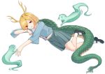  1girl absurdres antlers black_shoes blonde_hair blue_shirt commentary_request dragon_girl dragon_horns dragon_tail eyes_visible_through_hair fur-tipped_tail green_scales highres horns kicchou_yachie long_sleeves looking_at_viewer mary_janes navel open_mouth otter otter_spirit_(touhou) pleated_skirt red_eyes scales shirt shoes short_hair simple_background skirt smile socks tail touhou turtle_shell white_background white_socks wide_sleeves yellow_horns zheng_(pixiv_101593236) 