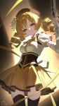  1girl absurdres black_corset black_hat black_thighhighs blonde_hair breasts commentary_request corset drill_hair gun hat highres holding holding_gun holding_weapon looking_at_viewer magical_girl magical_musket_(madoka_magica) mahou_shoujo_madoka_magica mahou_shoujo_madoka_magica_(anime) neck_ribbon ribbon shirt signature smile solo striped_clothes striped_thighhighs thighhighs tomoe_mami tomoe_mami_(magical_girl) twin_drills vertical-striped_clothes vertical-striped_thighhighs weapon white_shirt xi_cccii yellow_eyes yellow_ribbon 