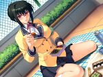  1girl armband bento black_hair blazer blush breasts chopsticks dutch_angle feeding feeding_viewer fence food fuuki_iinchou_seira game_asset glasses green_hair holding holding_bento ishigaki_takashi jacket kneehighs large_breasts looking_at_viewer non-web_source official_art onigiri outdoors parted_lips picnic pink-framed_eyewear plaid_clothes plaid_skirt pleated_skirt purple_eyes saotome_seira school_uniform self-datamine short_hair sitting skirt socks solo thermos variant_set visual_novel_cg wariza 