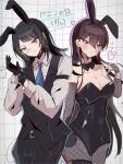  2girls animal_ears armlet bang_dream! bang_dream!_it's_mygo!!!!! black_bow black_bowtie black_gloves black_hair black_leotard black_pants black_pantyhose black_vest blue_necktie blush bow bowtie breasts brown_hair bunny_day commentary_request cowboy_shot ear_blush ear_piercing elbow_gloves fake_animal_ears fingerless_gloves glasses gloves grey_hair grey_shirt hair_between_eyes highres jewelry large_breasts leotard long_hair mochizuki_(8_wa0407) multiple_girls necktie pants pantyhose piercing playboy_bunny purple_eyes rabbit_ears shiina_taki shirt strapless strapless_leotard vest yahata_umiri 