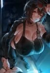  1boy 1girl absurdres ahoge bare_shoulders black_hair black_pants black_sports_bra blush breasts choker cleavage commentary detached_sleeves erection goggles goggles_on_head grace_howard handjob hetero highres large_breasts looking_at_viewer medium_hair orange_eyes pants penis ponytail rororo short_ponytail sidelocks sports_bra sweat uncensored zenless_zone_zero 