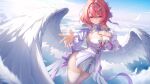  1girl absurdres blue_sky blush breasts cleavage closed_mouth commentary_request day dress hair_intakes highres large_breasts long_sleeves making-of_available medium_hair pink_eyes pink_hair remielle_dan sky smile solo thighhighs thighs white_dress white_thighhighs white_wings wings xmfranz zenless_zone_zero 