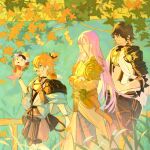  3boys absurdres animal animal_on_shoulder autumn_leaves black_hair character_request closed_eyes commentary crossed_arms grass green_eyes hair_over_one_eye highres japanese_clothes leaf long_hair male_focus multicolored_hair multiple_boys open_mouth orange_hair smile sola0316 touken_ranbu tree turtle two-tone_hair walking 