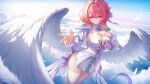  1girl absurdres ascot blue_sky blush breasts cleavage closed_mouth cloud cloudy_sky commentary_request day detached_sleeves dress feathers hair_intakes hair_ribbon hand_on_own_chest highres large_breasts long_sleeves looking_at_viewer making-of_available medium_hair midair pink_eyes pink_hair pink_lips purple_ascot purple_ribbon remielle_dan ribbon sky smile solo tassel thighhighs thighs white_dress white_feathers white_ribbon white_sleeves white_thighhighs white_wings wings xmfranz zenless_zone_zero 