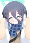  1girl absurdres aqua_halo aris_(blue_archive) aris_(winter)_(blue_archive) black_hair blue_archive blue_eyes blue_hair blue_scarf blush brown_coat brown_mittens coat commentary_request double-parted_bangs earmuffs fur-trimmed_coat fur-trimmed_sleeves fur_trim gradient_hair hair_between_eyes halo highres long_hair long_hair_between_eyes mashi_stkt mittens multicolored_hair official_alternate_costume plaid_clothes plaid_scarf rectangular_halo scarf simple_background smile solo white_background winter_clothes winter_coat 