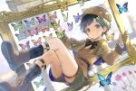  1boy argyle_clothes argyle_socks bandaid belt black_eyes black_hair boots bow bowtie brown_belt brown_boots brown_bow brown_hat brown_jacket bug butterfly capelet cocolo_(co_co_lo) floating flower full_body green_shorts grey_socks hair_ornament hairclip hat highres jacket leaf_hair_ornament legwear_garter light_particles long_sleeves looking_at_viewer male_focus newsboy_cap original picture_frame pocket_watch portrait_(object) red_flower shirt short_shorts shorts socks surreal thigh_strap victorian watch white_shirt 