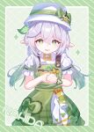  1girl alternate_costume alternate_hairstyle border bow bowtie character_name commentary_request dress flower genshin_impact green_border green_bow green_dress green_eyes green_flower hair_between_eyes hair_ornament hands_up hat highres holding holding_flower kyuri_senbei leaf_hair_ornament long_hair looking_at_viewer lower_teeth_only nahida_(genshin_impact) open_mouth pointy_ears shirt solo star-shaped_pupils star_(symbol) symbol-shaped_pupils teeth twintails white_background white_hair white_hat white_shirt yellow_bow yellow_bowtie 