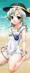  barefoot beach byeontae_jagga covered_navel green_eyes hand_on_hip hat hat_ribbon komeiji_koishi long_hair looking_at_viewer one-piece_swimsuit partially_submerged ribbon school_swimsuit shiny shiny_clothes silver_hair sitting skindentation smile solo swimsuit third_eye touhou wariza water white_school_swimsuit white_swimsuit 