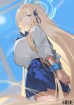  1girl absurdres arms_behind_back asuna_(blue_archive) asuna_(school_uniform)_(blue_archive) asymmetrical_bangs blonde_hair blue_archive blue_bow blue_bowtie blue_eyes blue_halo blue_ribbon blue_scrunchie blue_skirt bow bowtie breasts chinese_commentary commentary_request from_below grin hair_over_one_eye hair_ribbon halo helic_(7317helic) highres large_breasts long_hair looking_at_viewer pleated_skirt ribbon school_uniform scrunchie shirt shirt_tucked_in skirt sleeves_rolled_up smile solo very_long_hair white_shirt wrist_scrunchie 
