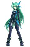  alternate_hairstyle aqua_eyes aqua_hair bodysuit hair_down hair_ornament hatsune_miku headset highres long_hair looking_at_viewer project_diva project_diva_(series) ryon simple_background smile solo twintails vocaloid 