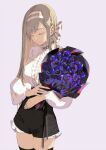  1girl black_shorts black_thighhighs blouse blue_flower blue_rose bouquet breasts closed_eyes closed_mouth commentary_request cowboy_shot fingernails flower frilled_shirt frills gin_(oyoyo) grey_background hair_ribbon hairband high-waist_shorts highres holding holding_bouquet kamiyugi_ayase long_hair long_sleeves medium_breasts puffy_long_sleeves puffy_sleeves ribbon rose shirt shirt_tucked_in shorts simple_background smile solo standing thighhighs white_shirt z/x 