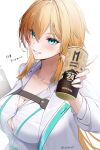  1girl absurdres arano_(waikuni11) blonde_hair blue_eyes blush breasts can chest_strap cleavage coat coffee collarbone commentary_request drink_can goddess_of_victory:_nikke grin hair_between_eyes highres holding holding_can lab_coat large_breasts long_hair long_sleeves looking_at_viewer maxwell_(nikke) maxwell_(ordinary_mechanic)_(chief_researcher)_(nikke) open_mouth shirt smile solo teeth white_coat white_shirt 