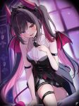  1girl :d azki_(hololive) azki_(little_devil)_(hololive) black_hair black_horns black_necktie black_ribbon black_shorts black_tail black_tiara breasts butterfly_brooch colored_inner_hair commentary_request demon_girl demon_horns demon_tail demon_wings gradient_horns gradient_tail hair_intakes hair_ribbon heterochromia highres hololive horns indoors long_hair looking_at_viewer medium_breasts mole mole_under_eye multicolored_hair multicolored_horns multiple_thigh_straps necktie official_alternate_costume official_alternate_hairstyle open_mouth pecco_(pecco297) pink_eyes pink_hair pink_horns pink_streaks pink_tail purple_eyes ribbon shirt short_necktie short_shorts shorts side_slit side_slit_shorts sleeveless sleeveless_shirt smile solo streaked_hair swept_bangs tail thigh_strap tiara twintails very_long_hair virtual_youtuber white_shirt white_streaks wings 