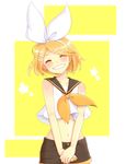  bad_id bad_pixiv_id blonde_hair blush grin hair_ornament hair_ribbon hairclip kagamine_rin kingyo_(g-fish) midriff navel ribbon short_hair smile solo stomach vocaloid 