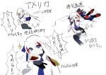  2girls :d ^_^ afterimage anger_vein black_gloves blue_eyes blue_hair blue_necktie character_name closed_eyes curtained_hair dragging emphasis_lines epaulettes flailing flexing gloves hair_ribbon hat kokkimusume long_hair long_sleeves looking_at_viewer multicolored_hair multiple_girls multiple_views necktie o_o open_mouth personification ra_(ppfjvdjudk54073) red_streaks ribbon running shirt side_chest_pose simple_background smile sparkle speech_bubble star-shaped_pupils star_(symbol) streaked_hair symbol-shaped_pupils top_hat translation_request twintails united_kingdom_(kokkimusume) united_states_(kokkimusume) v-shaped_eyebrows very_long_hair white_background white_hair white_shirt 