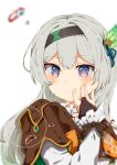  1girl absurdres amami_akari black_bridal_gauntlets black_gloves black_hairband blue_pupils blush bridal_gauntlets closed_mouth commentary_request firefly_(honkai:_star_rail) gloves grey_hair hair_between_eyes hair_ornament hairband hand_on_own_face hand_up highres honkai:_star_rail honkai_(series) jacket long_hair long_sleeves looking_at_viewer multicolored_eyes simple_background smile solo two-tone_eyes upper_body water_drop white_background 